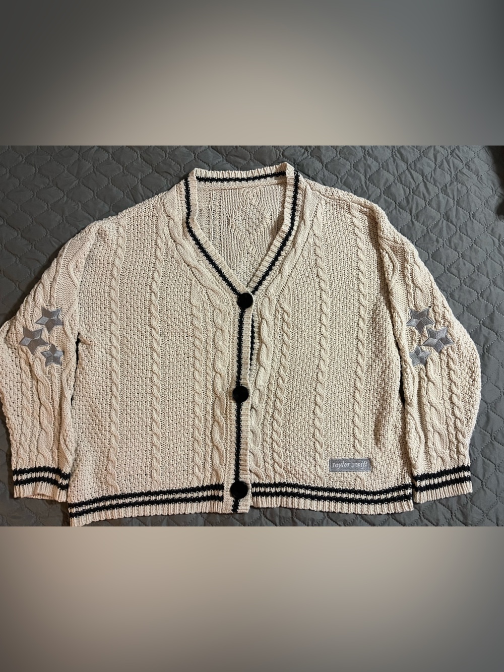 Taylor Swift Cream Cable Cardigan with Black Trim